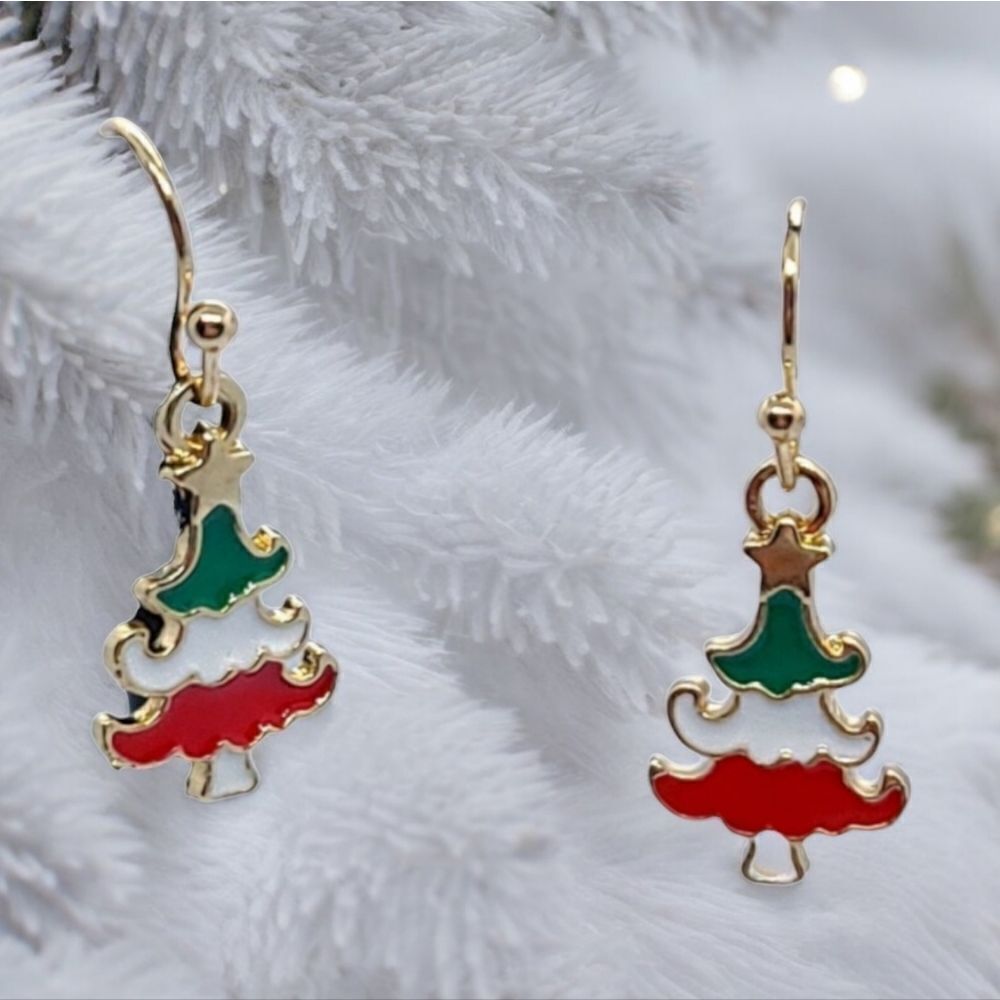 Holiday Earrings 🎄Festive Christmas Tree Gold Enamel Dangle Drop Dainty Jewelry